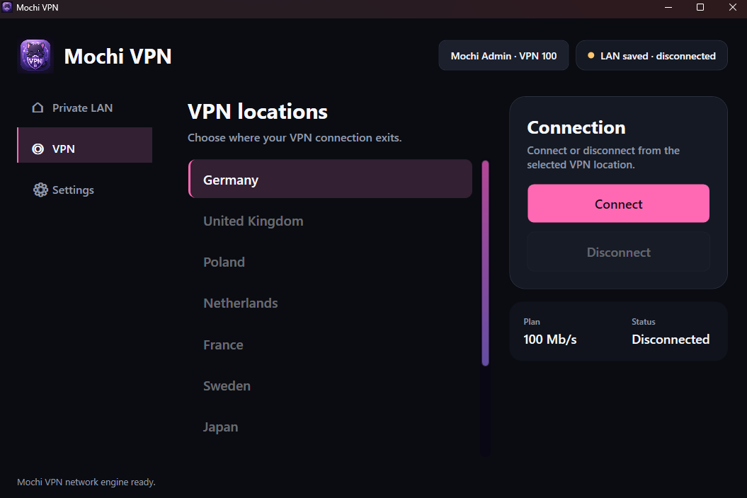 Mochi VPN app showing the VPN locations screen with Germany selected