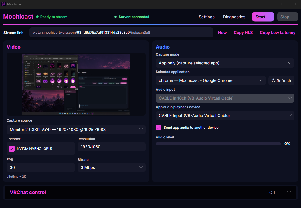 Mochicast app preview showing desktop streaming controls and low latency copy button